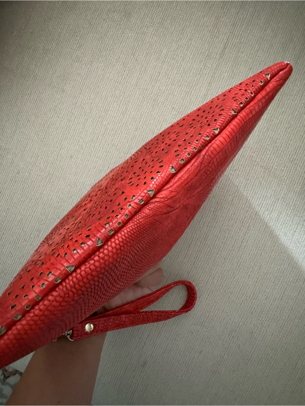 Chico’s Red Faux Leather Snakeskin Embossed Studded Wristlet Clutch Bag - Picture 8 of 9